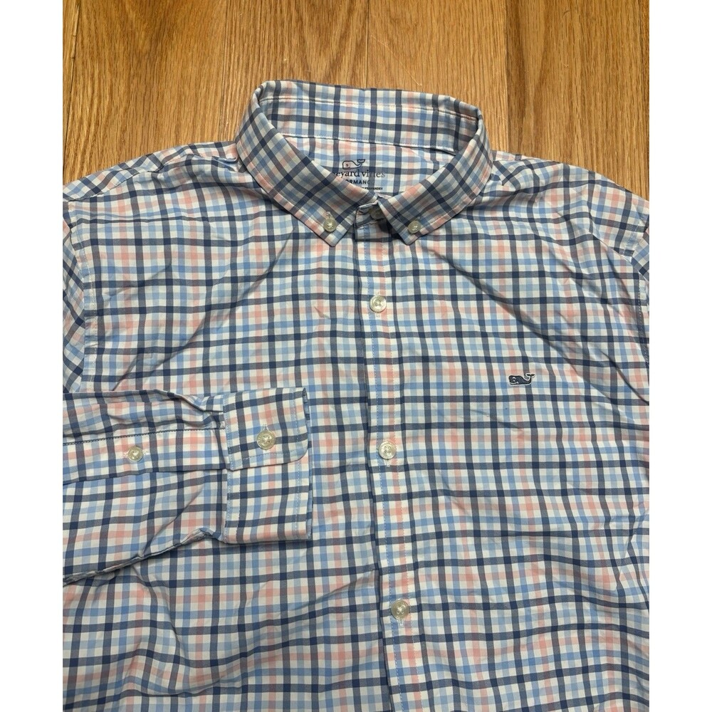 Vineyard Vines Performance Plaid Button Down Shirt Youth XL Blue Pink Preppy